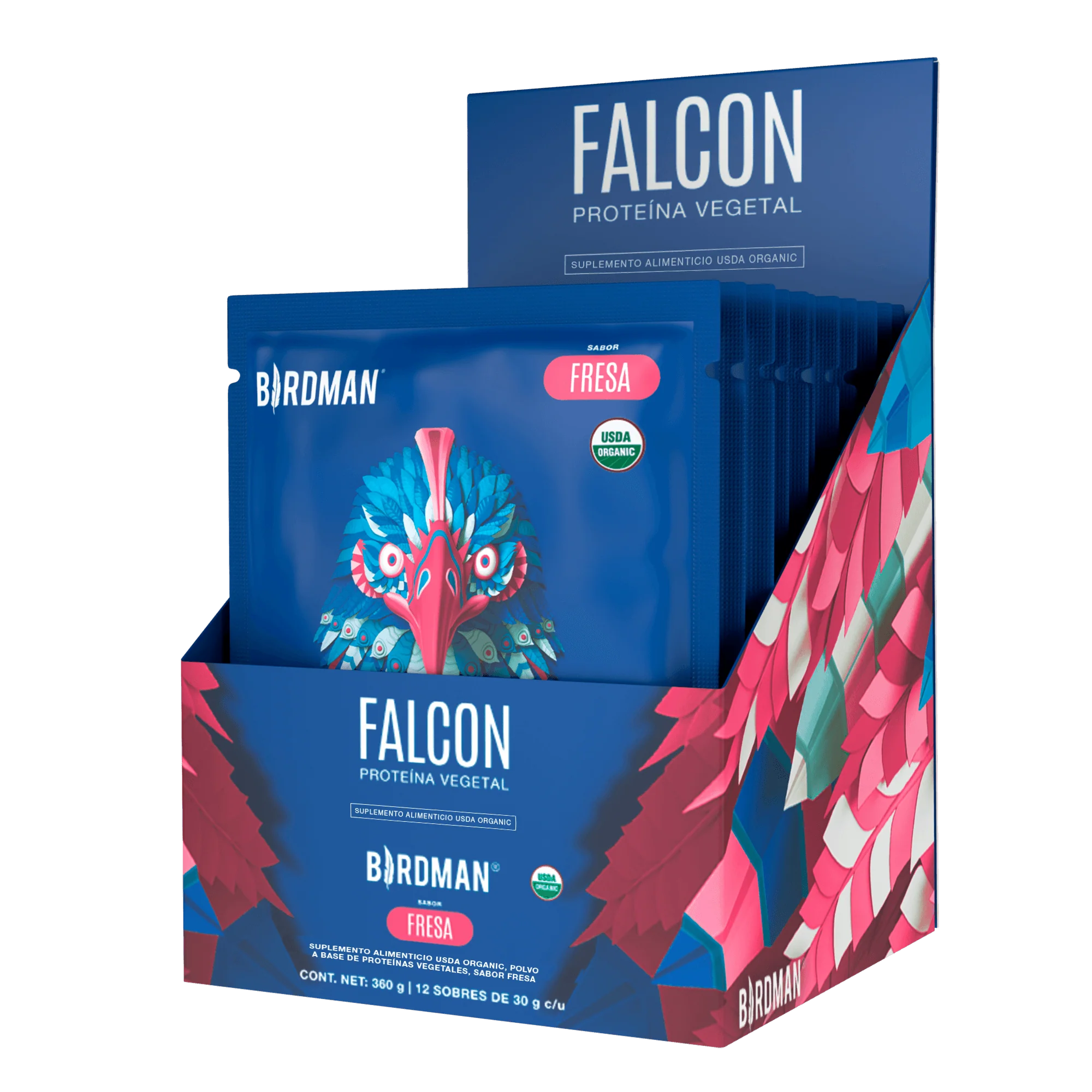Falcon Protein: Proteína Vegana Orgánica en Polvo - Fresa 12 Pack Sobres